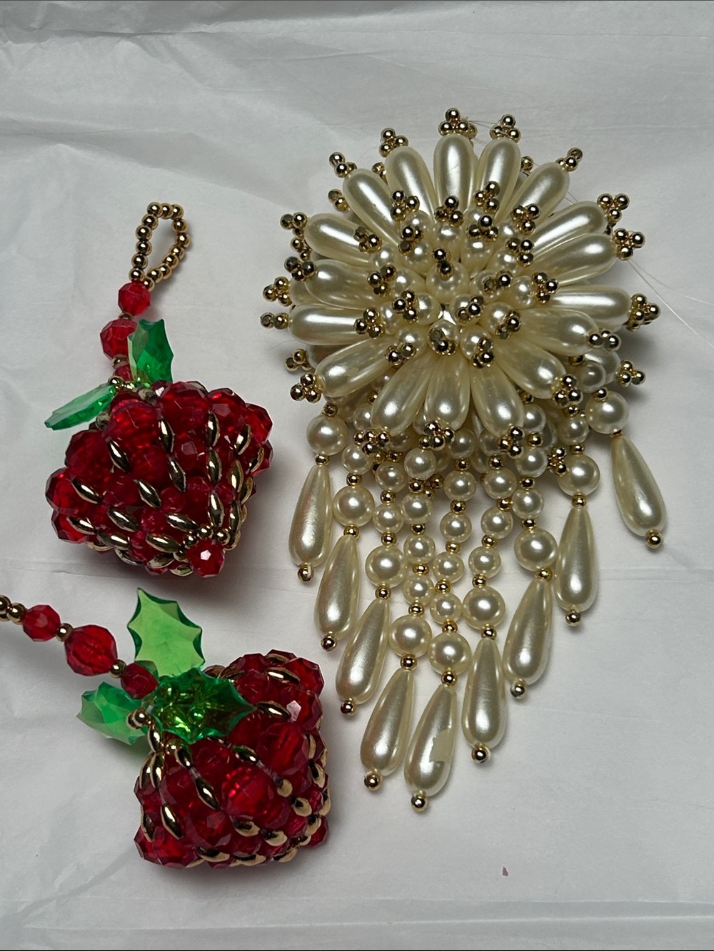 Lot of 3 handmade pearl Bead 5”  flower + Strawberry beaded ornaments